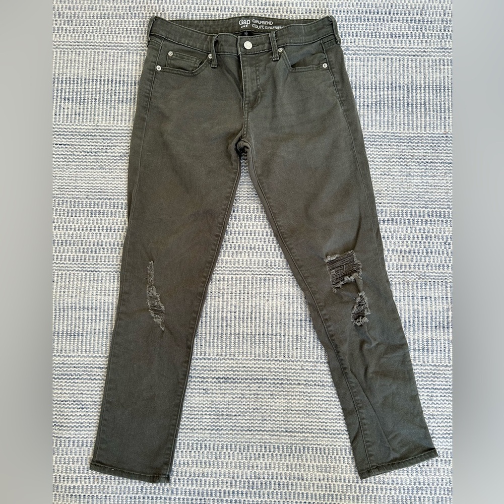 GAP Women’s Girlfriend Cut Olive Distressed Jeans